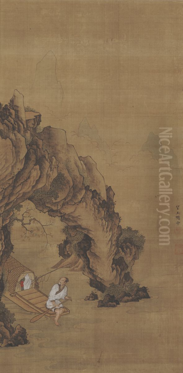 Landscape with Fisherman Outside a Cave Oil Painting by Mochizuki Gyokusen