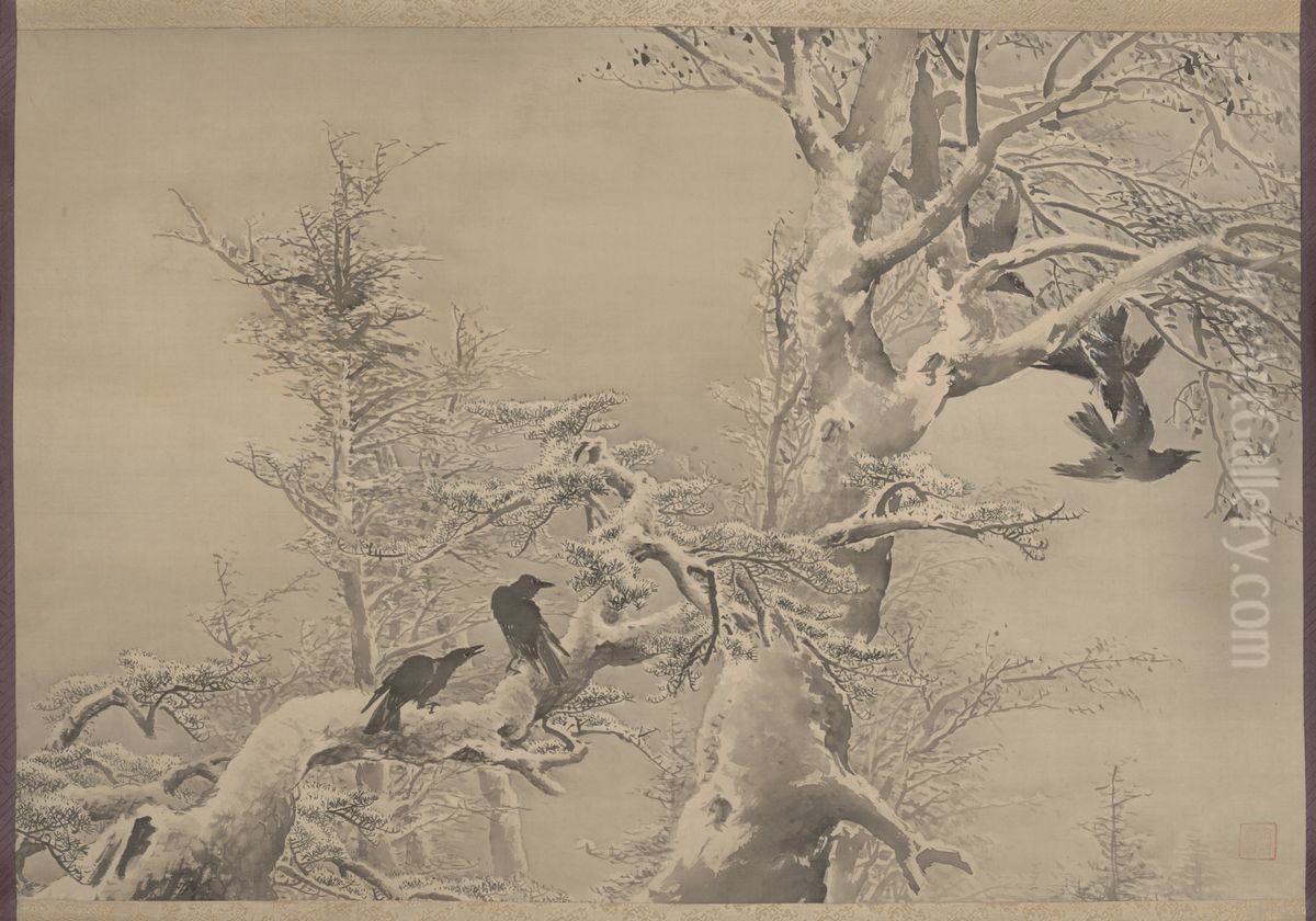 Five Crows in a Snowy Tree Oil Painting by Kono Bairei