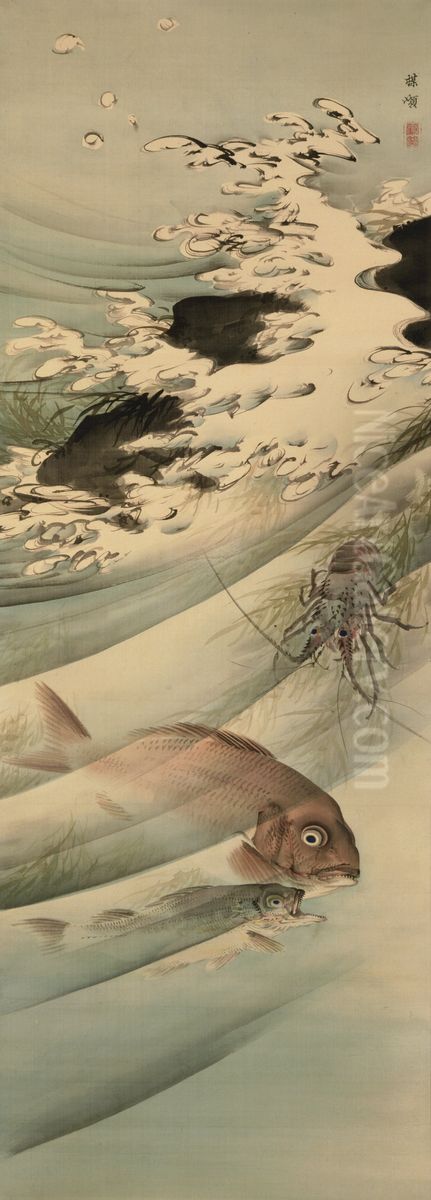 Fish, Lobster, Waves, and Rock Oil Painting by Kono Bairei