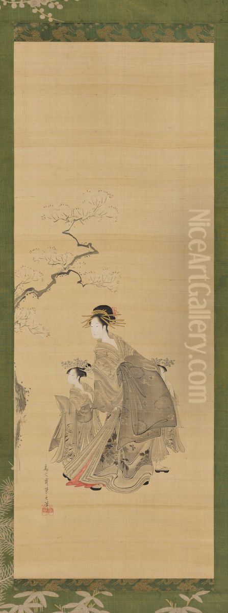 A Prostitute and her attendants under a cherry tree Oil Painting by Chobunsai Eishi