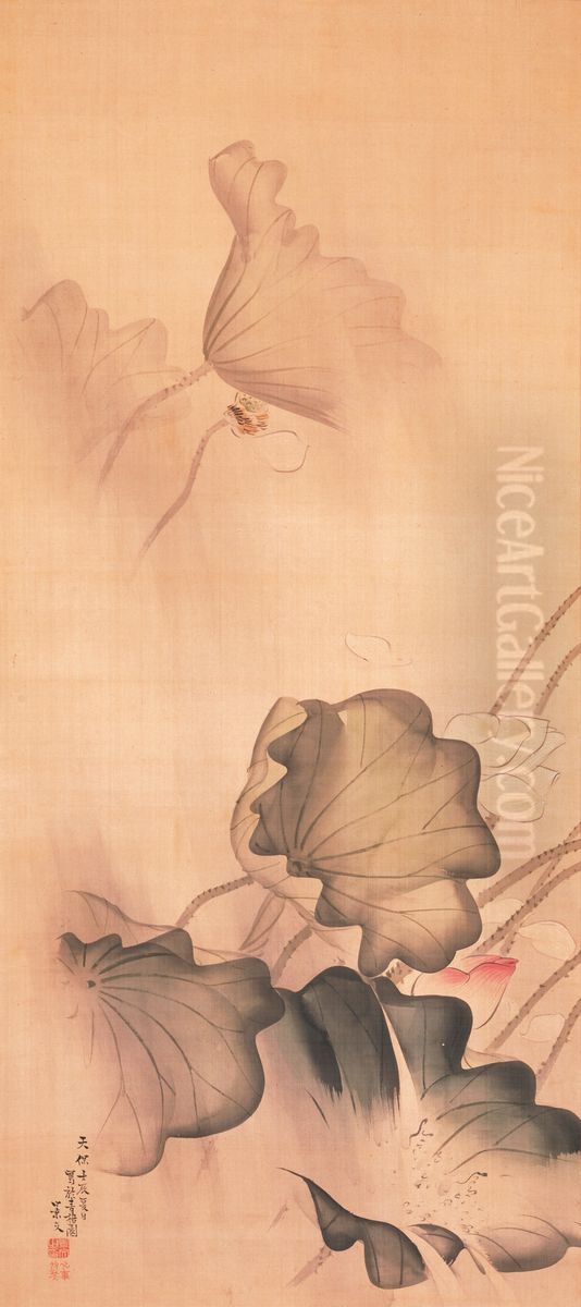 Lotus in the Rain Oil Painting by Keibun