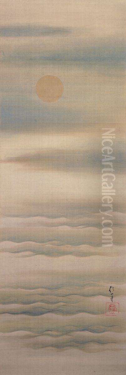 Pale Moon over Soft Waves Oil Painting by Sakai Hoitsu