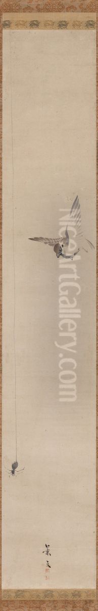 Sparrow and Spider Oil Painting by Keibun