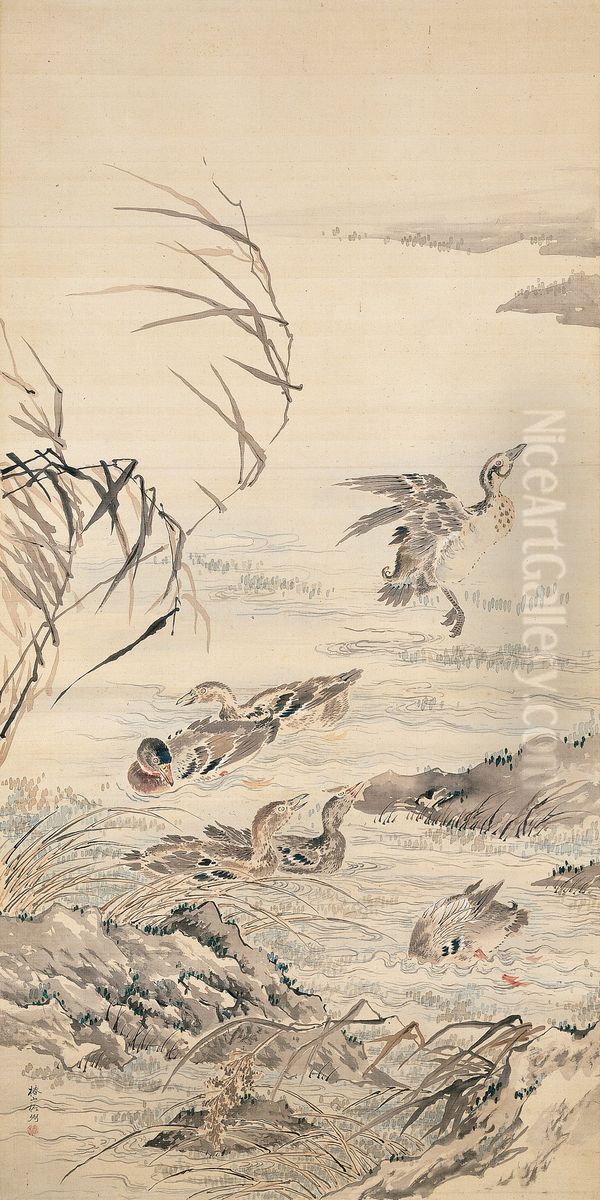 Geese in Autumn Stream Oil Painting by Tsubaki Chinzan