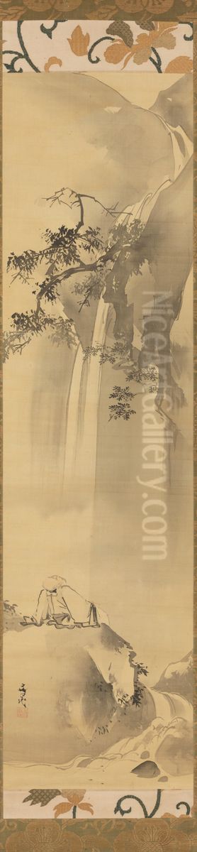 Ri Haku (Li Bo) Viewing a Waterfall Oil Painting by Tani Buncho