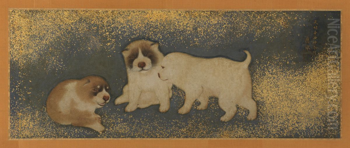 Puppies Oil Painting by Maruyama Okyo