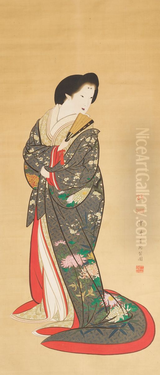Standing Beauty Oil Painting by Utagawa Yoshitaki