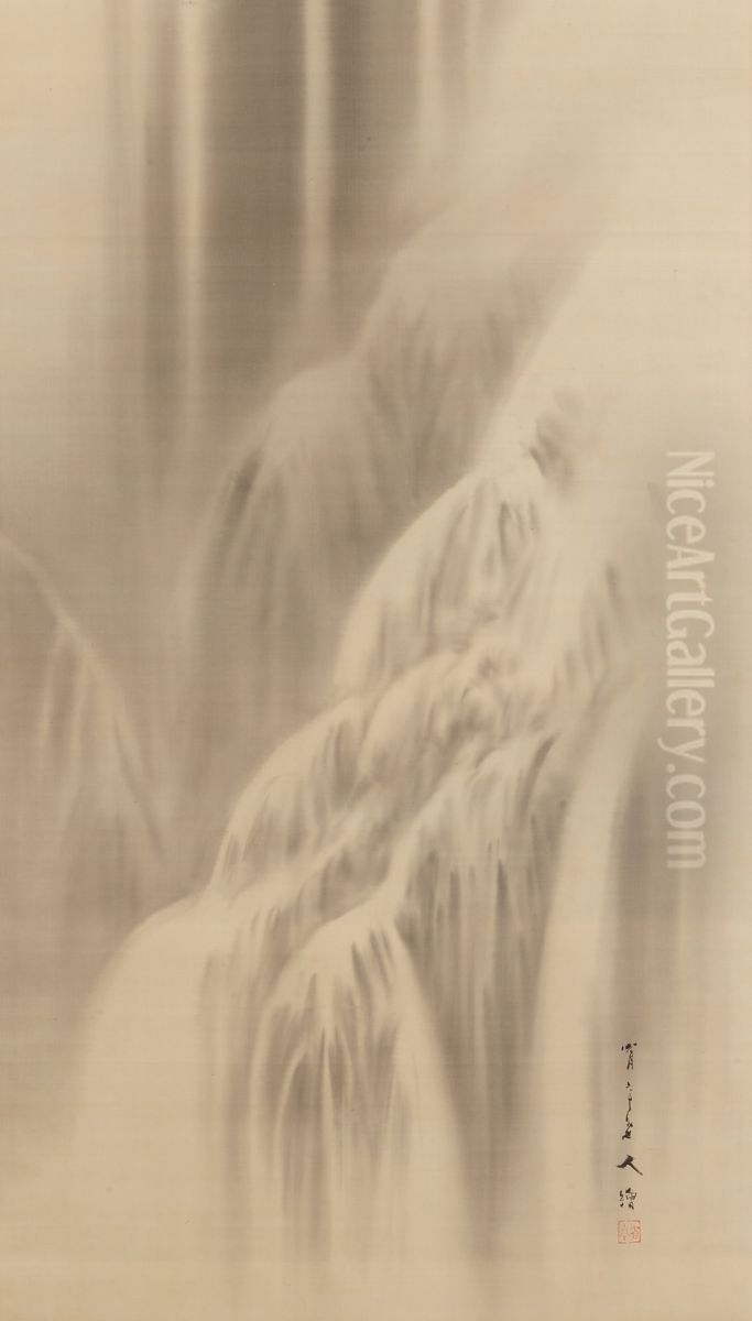 Waterfall Oil Painting by Watanabe Shotei