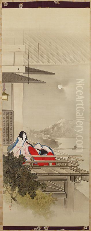 Murasaki Shikibu at Ishiyamadera Oil Painting by Watanabe Shotei