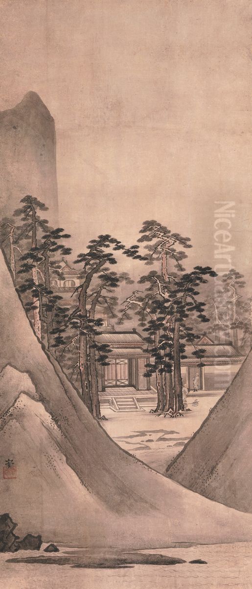 Landscape with Temple Oil Painting by Kano Sansetsu