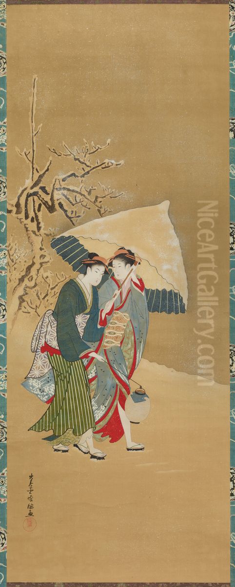 Two Beauties Walking in the Snow with Umbrella Oil Painting by Kubo Shunman