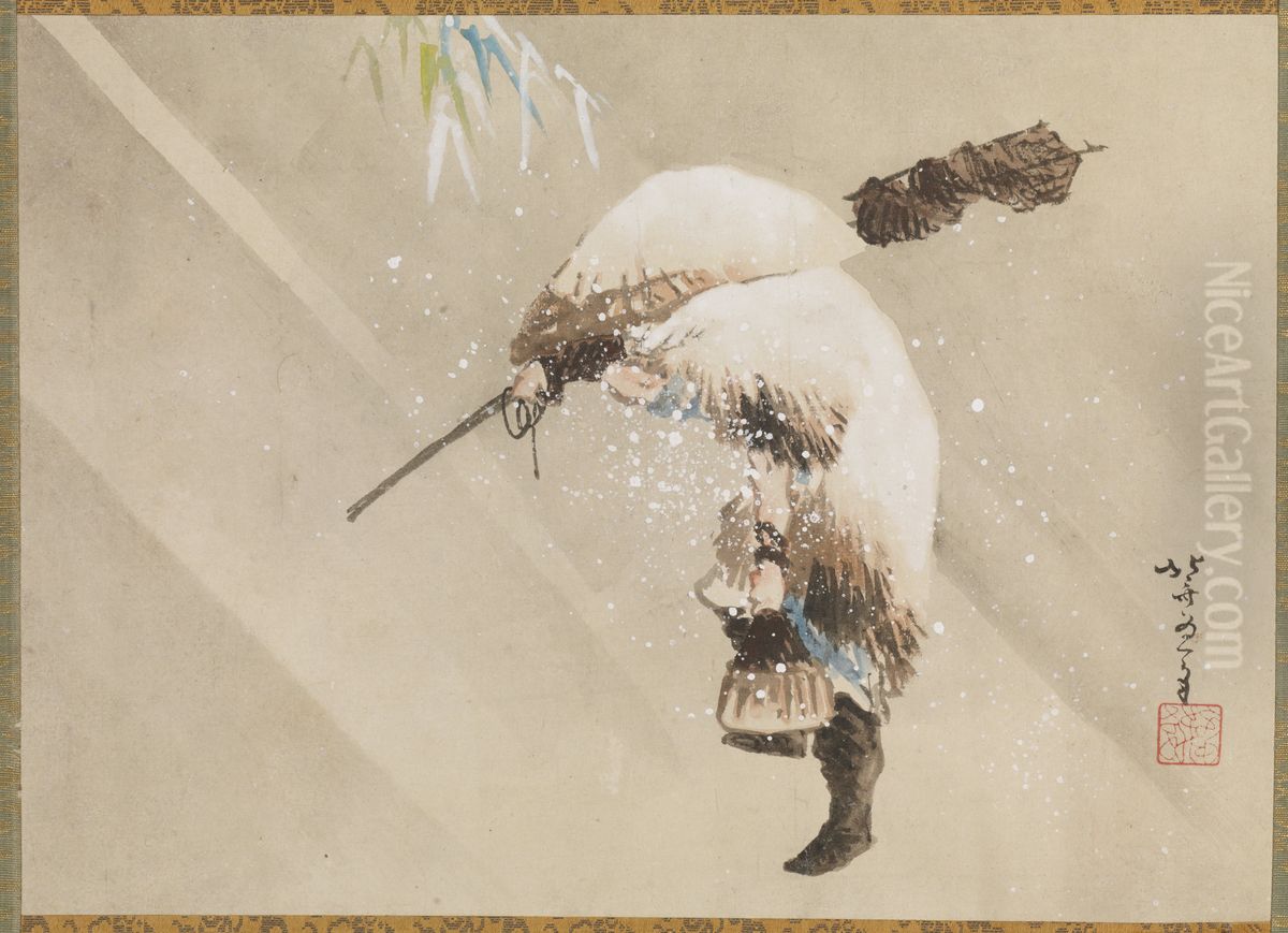 Fisherman Carrying His Net in the Snow Oil Painting by Katsushika Hokusai