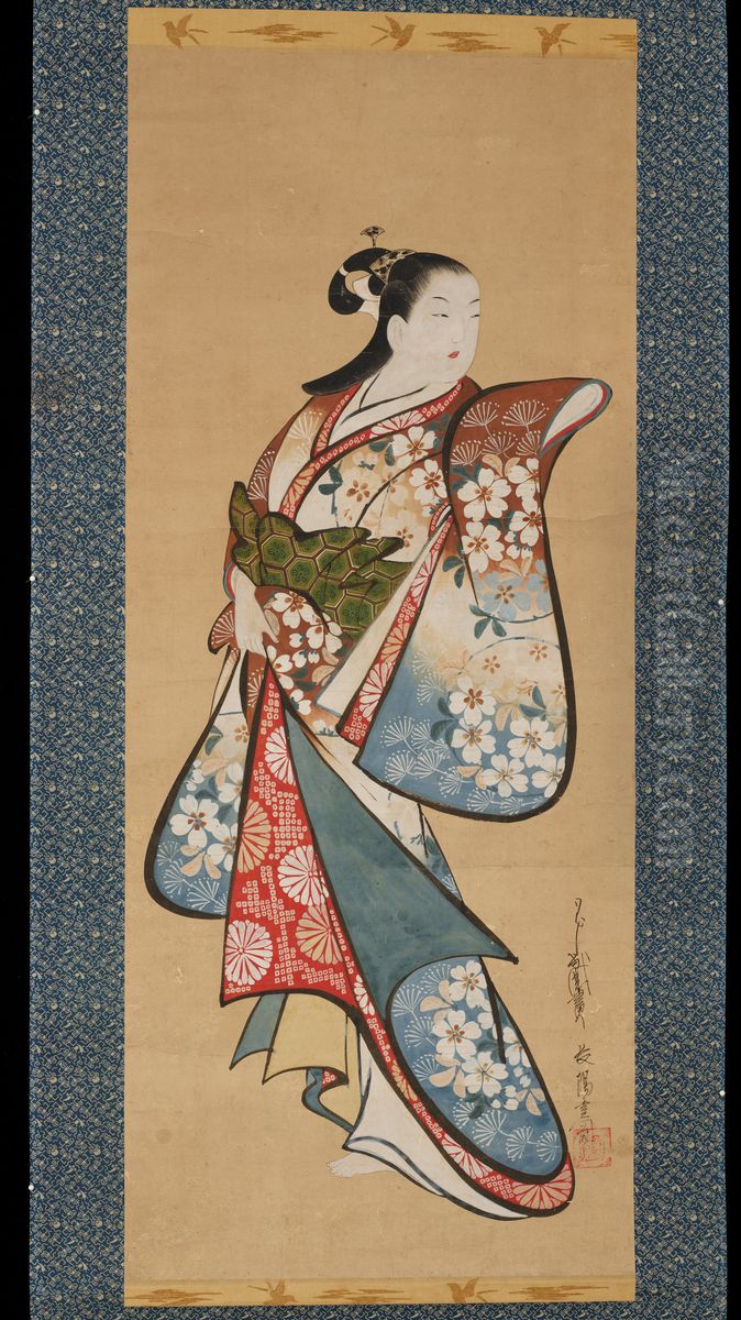 Standing prostitute wearing a kimono with plum-blossom motif Oil Painting by Kaigetsudo Anchi