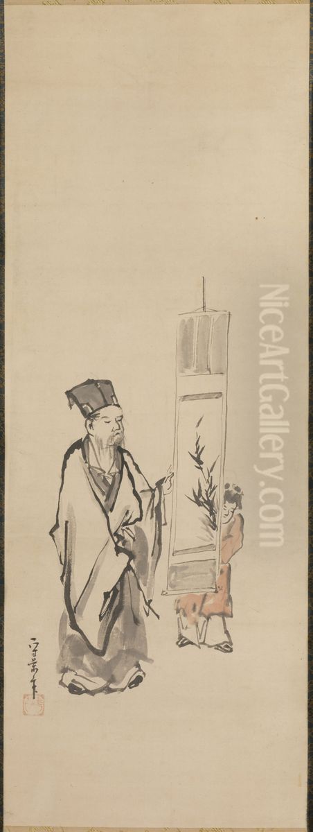 Scholar Viewing a Painting [center of a triptych of Scholar with Heron and Myna] Oil Painting by Kusumi Morikage