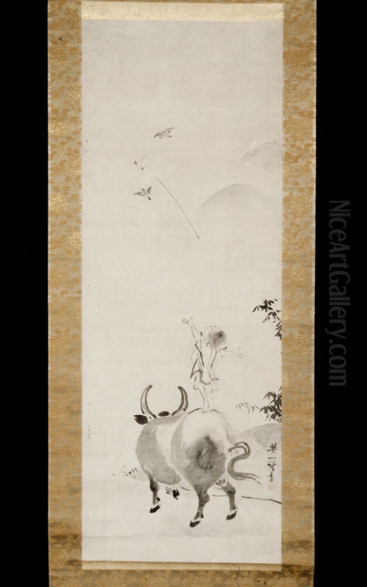 Boy Riding Water Buffalo [right of a pair] Oil Painting by Hanabusa Itcho