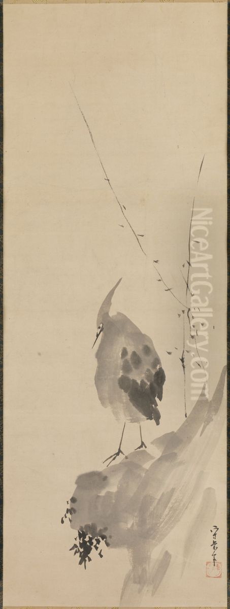 Heron on a Rock [right of a triptych of Scholar with Heron and Myna] Oil Painting by Kusumi Morikage