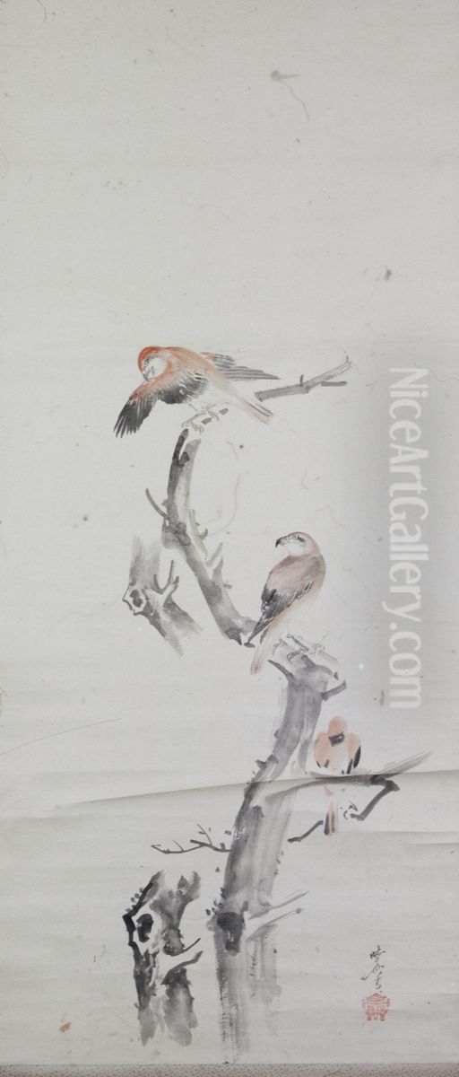 Three Crossbills on a Leafless Tree Oil Painting by Kawanabe Kyosai