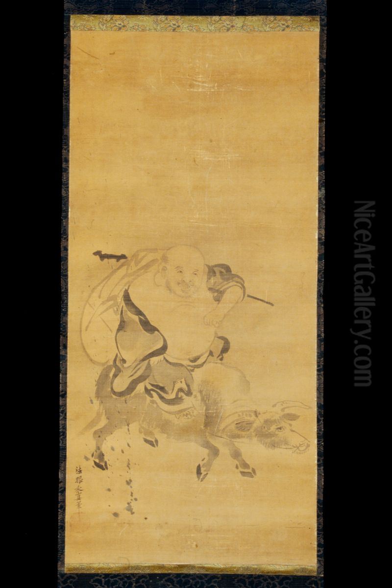Hotei Riding a Waterbuffalo Oil Painting by Kano Yasunobu