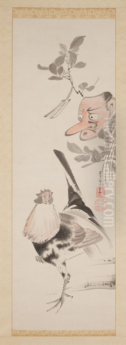 Cockerel and Tengu-Mask Oil Painting by Ito Jakuchu