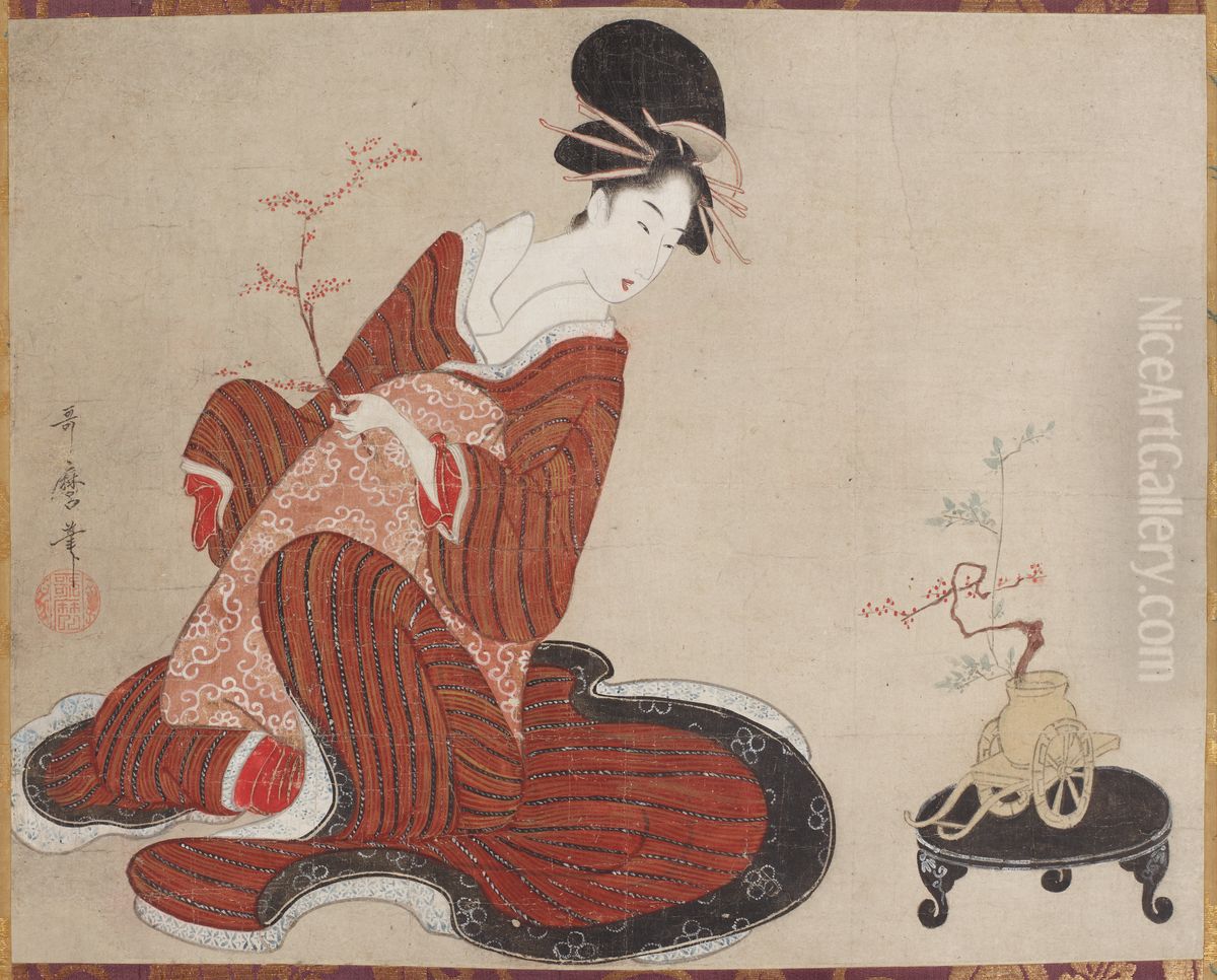 Woman Making a Flower Arrangement Oil Painting by Kitagawa Utamaro