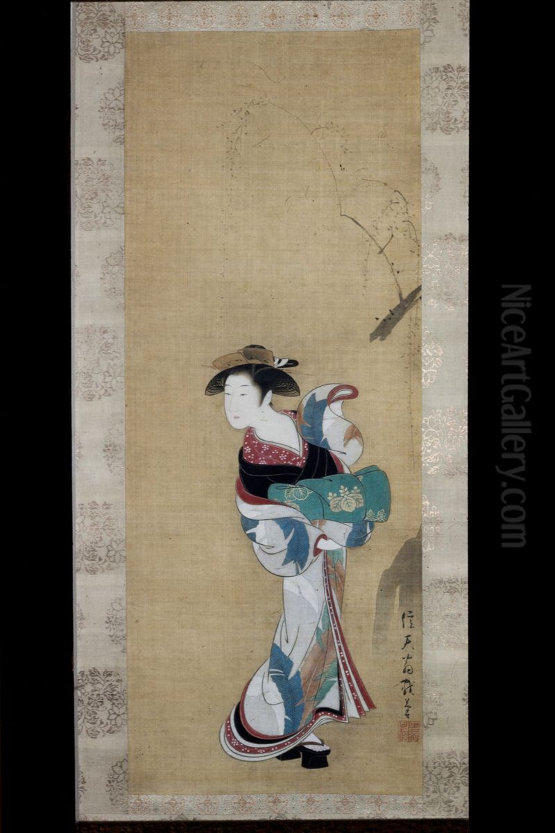 Prostitute Standing by Willow Tree Oil Painting by Settei