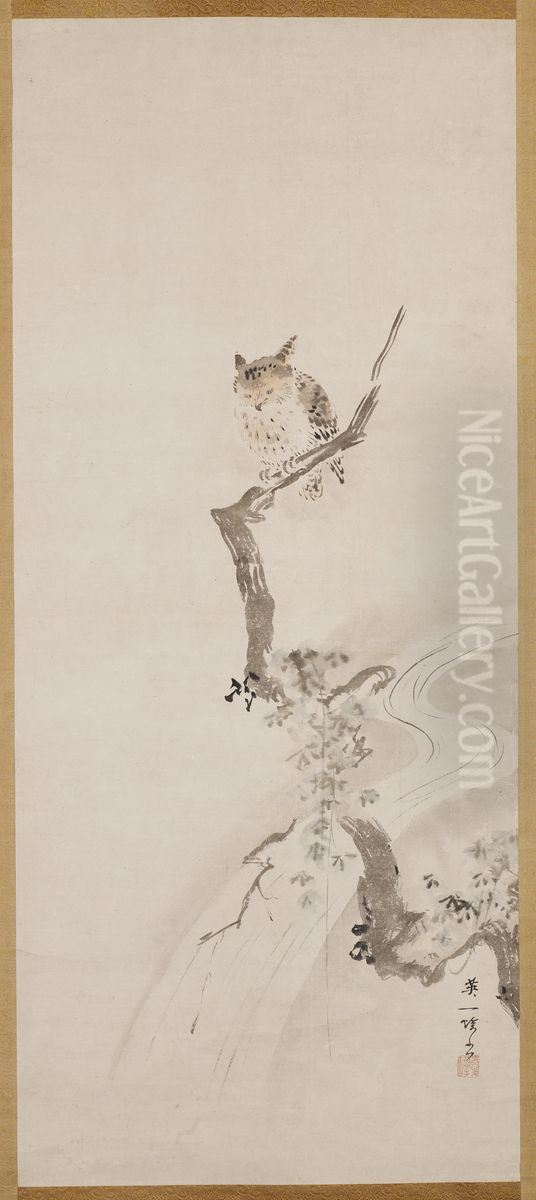 An Owl Perched in a Tree Oil Painting by Hanabusa Itcho
