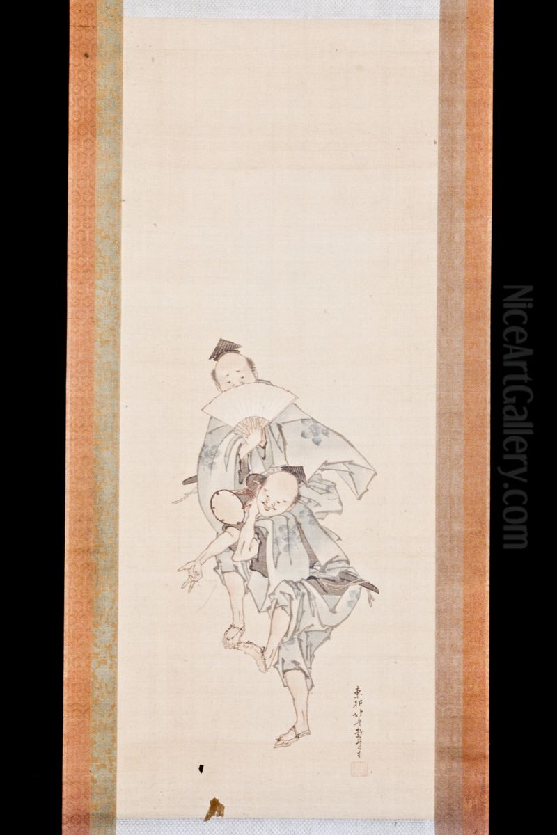 Manzai Performers Oil Painting by Katsushika Hokusai