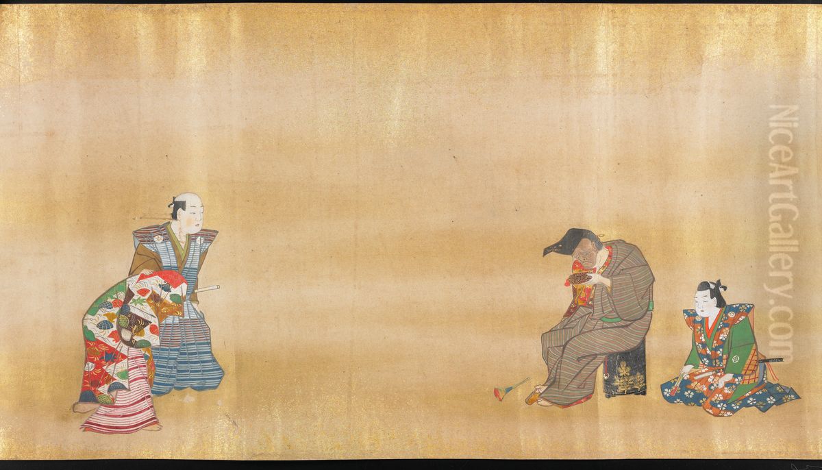 Scenes from Comic Plays [one of a pair] Oil Painting by Hanabusa Itcho