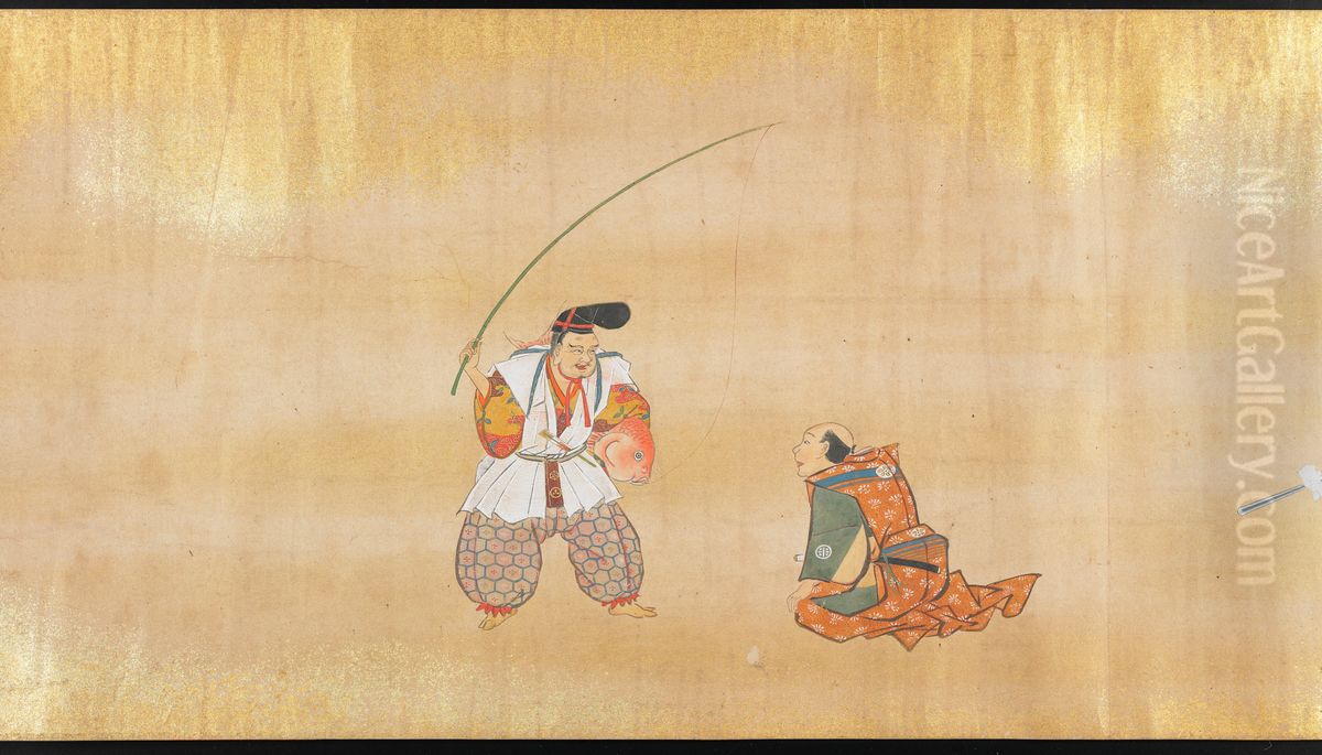 Scenes from Comic Plays [one of a pair] Oil Painting by Hanabusa Itcho