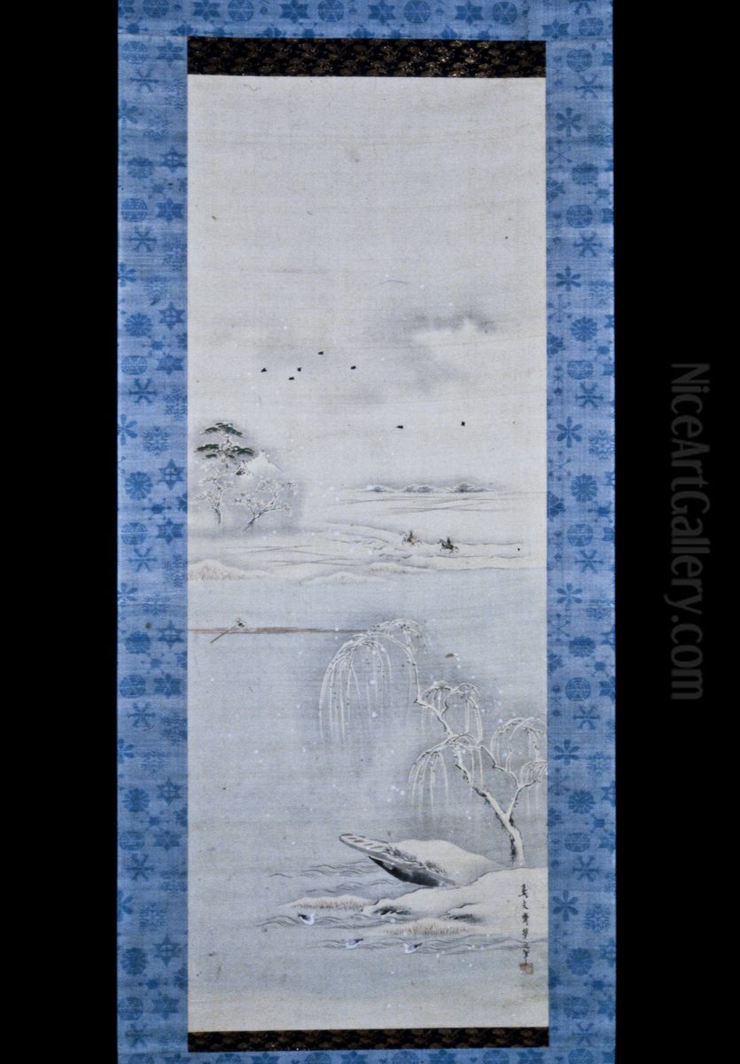 River View in Snow Oil Painting by Chobunsai Eishi