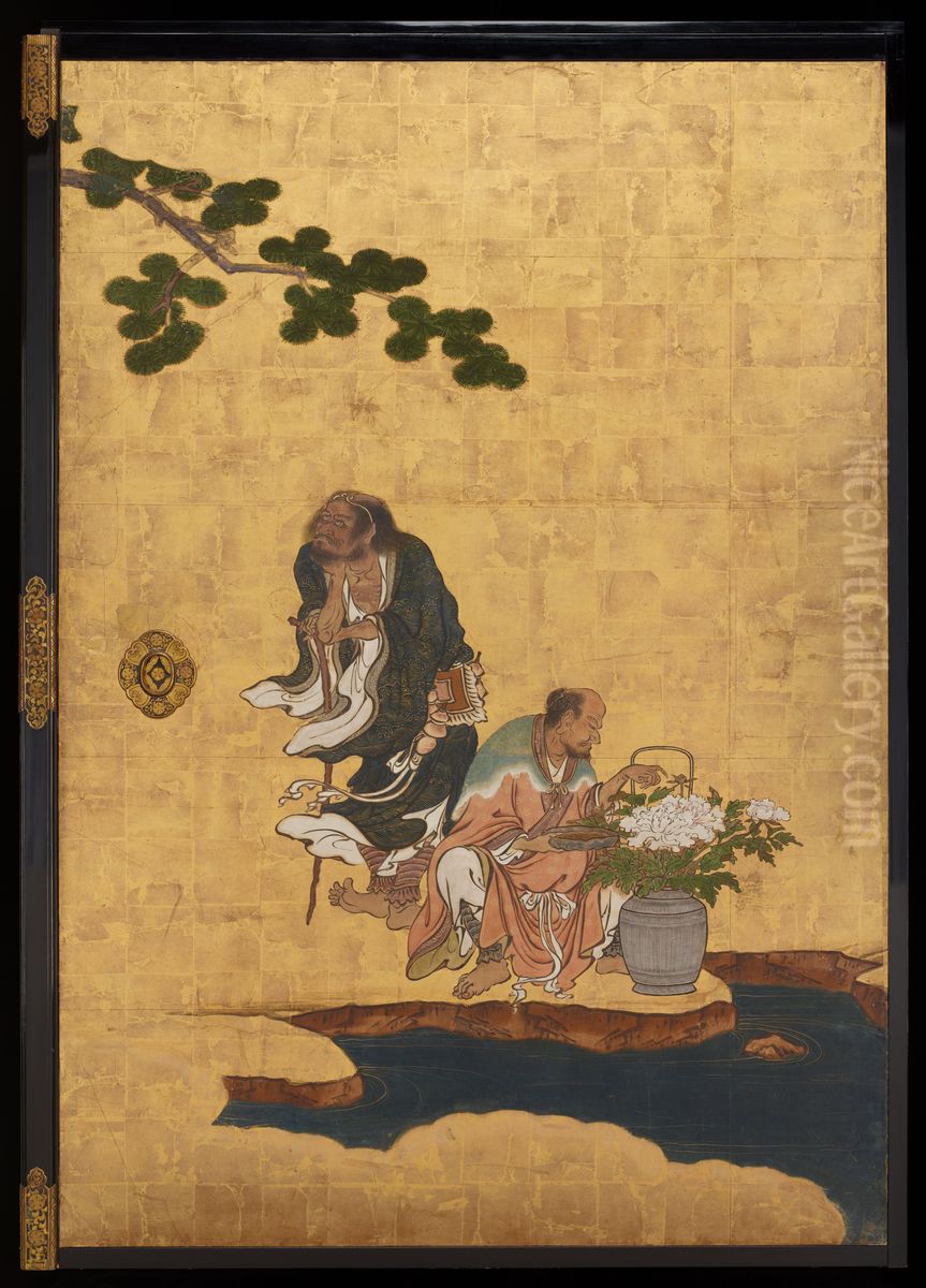 Li Tieguai (left), Han Xiangzi (right) [center right of the set Daoist Immortals] Oil Painting by Kano Sansetsu