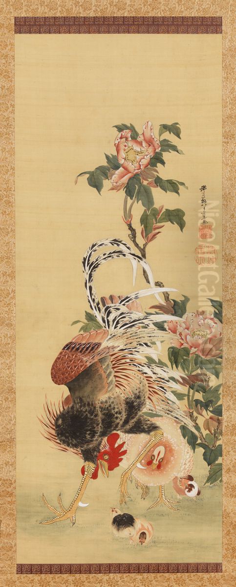 Rooster and Family Oil Painting by Ito Jakuchu