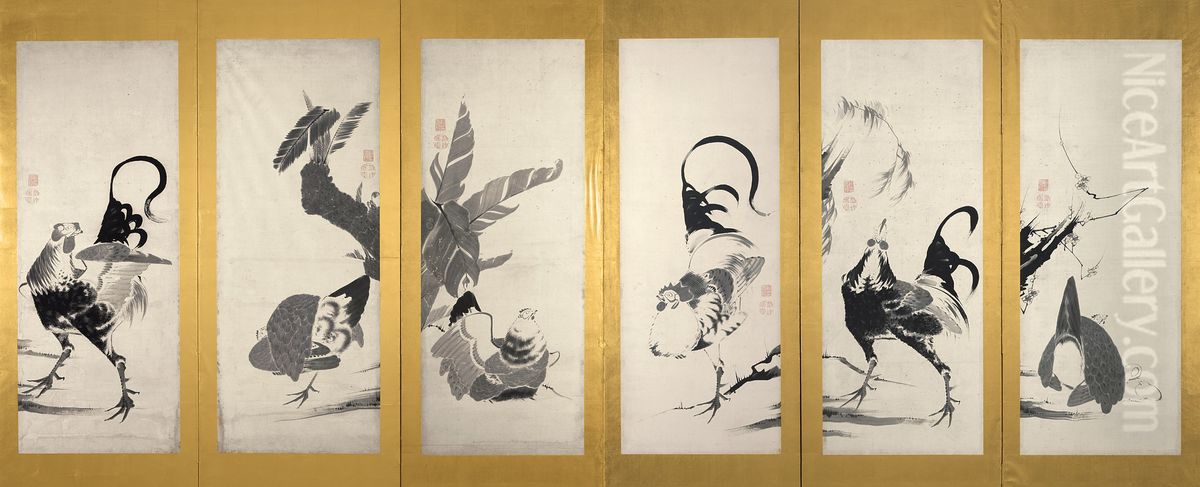 Roosters and Hens [right of a pair] Oil Painting by Ito Jakuchu