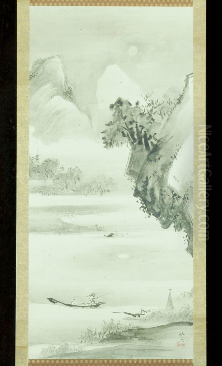 Chinese-style Landscape with Man Fishing from a Boat by Moonlight [right of a triptych] Oil Painting by Kawanabe Kyosai