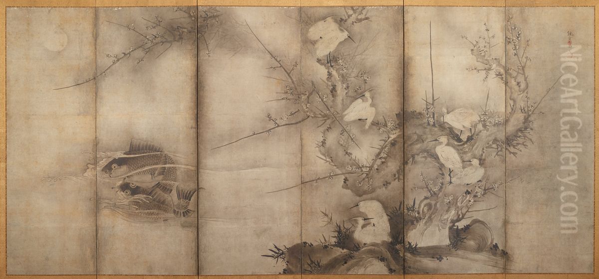 Egrets in Plum [right of the pair Egrets in Plum and Willow] Oil Painting by Sesson Shukei