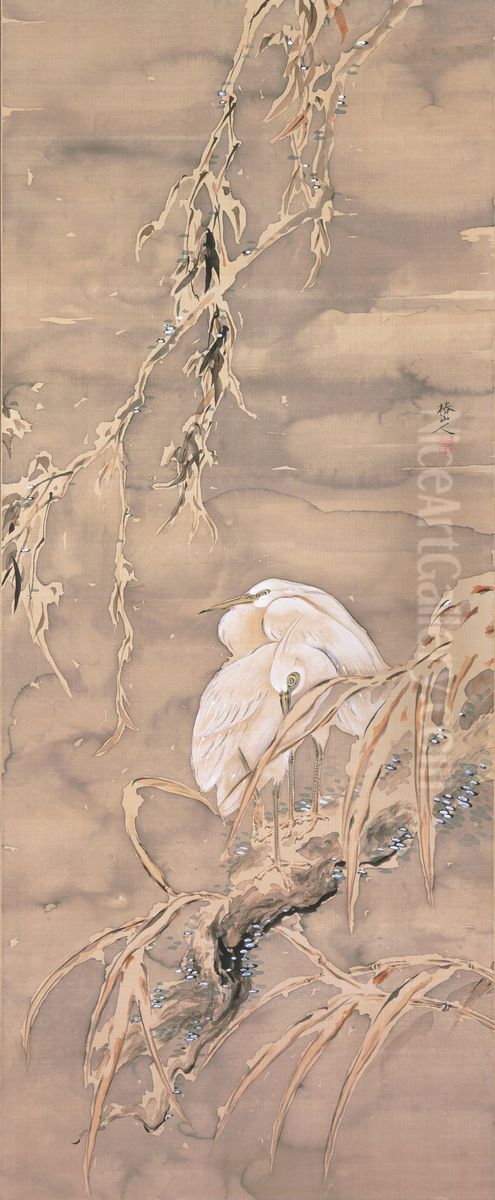 Egrets in Snow Oil Painting by Tsubaki Chinzan