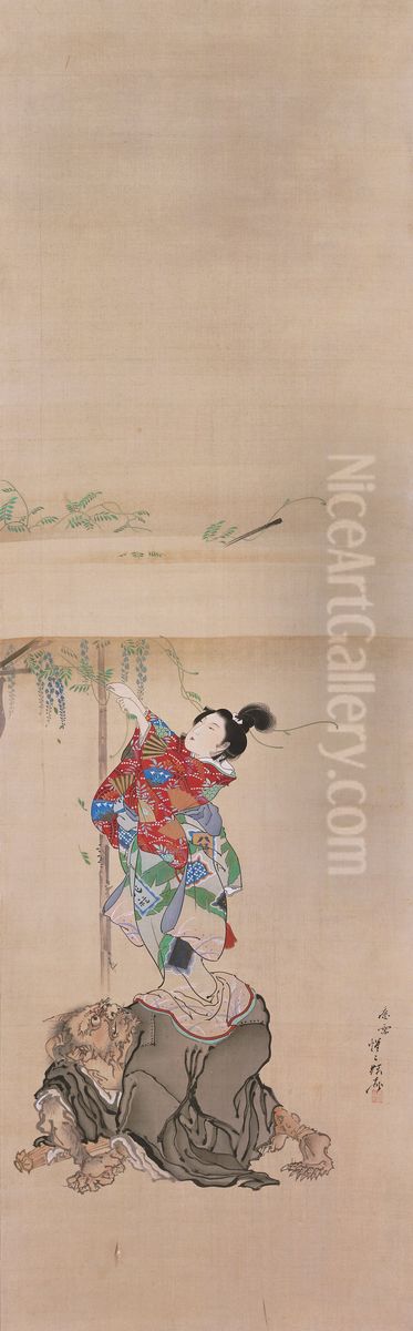 Wisteria Maiden and Demon Priest Oil Painting by Kawanabe Kyosai
