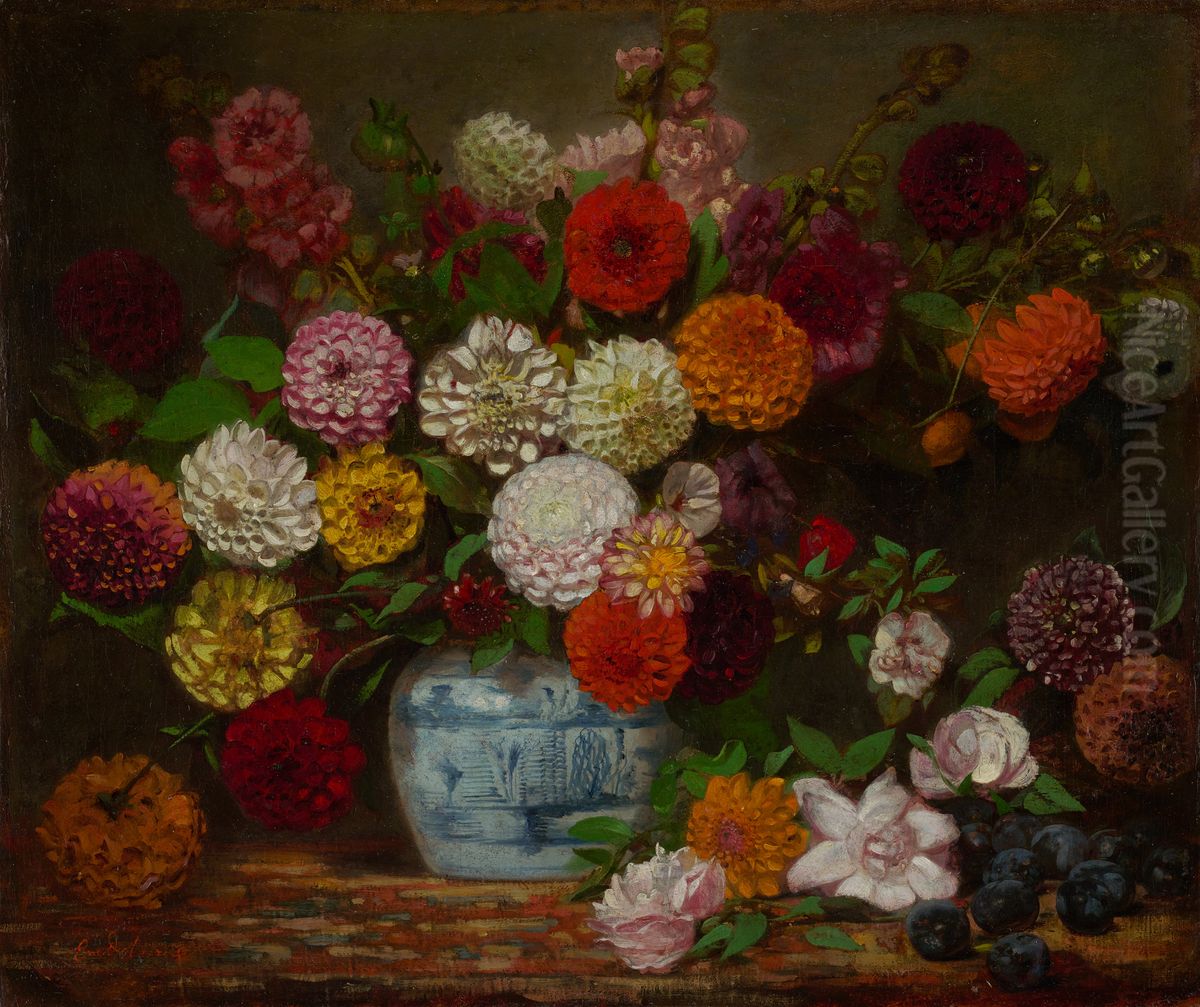 Still Life with Dahlias, Zinnias, Hollyhocks and Plums Oil Painting by Eugene Delacroix