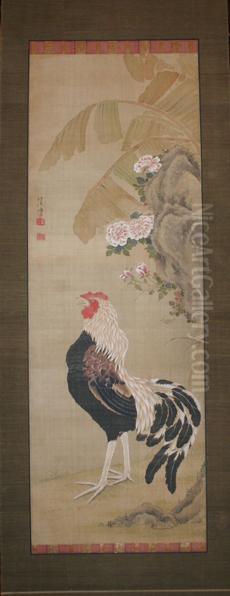 Rooster with Rose Oil Painting by Shiba Kokan