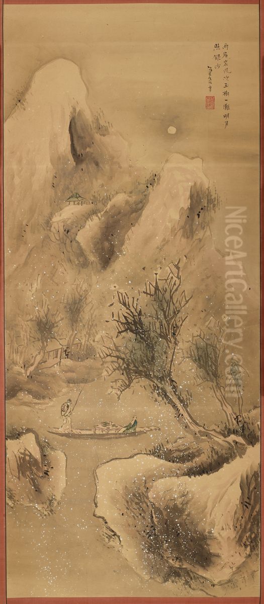 Boating on a Snowy Evening Oil Painting by Yokoi Kinkoku