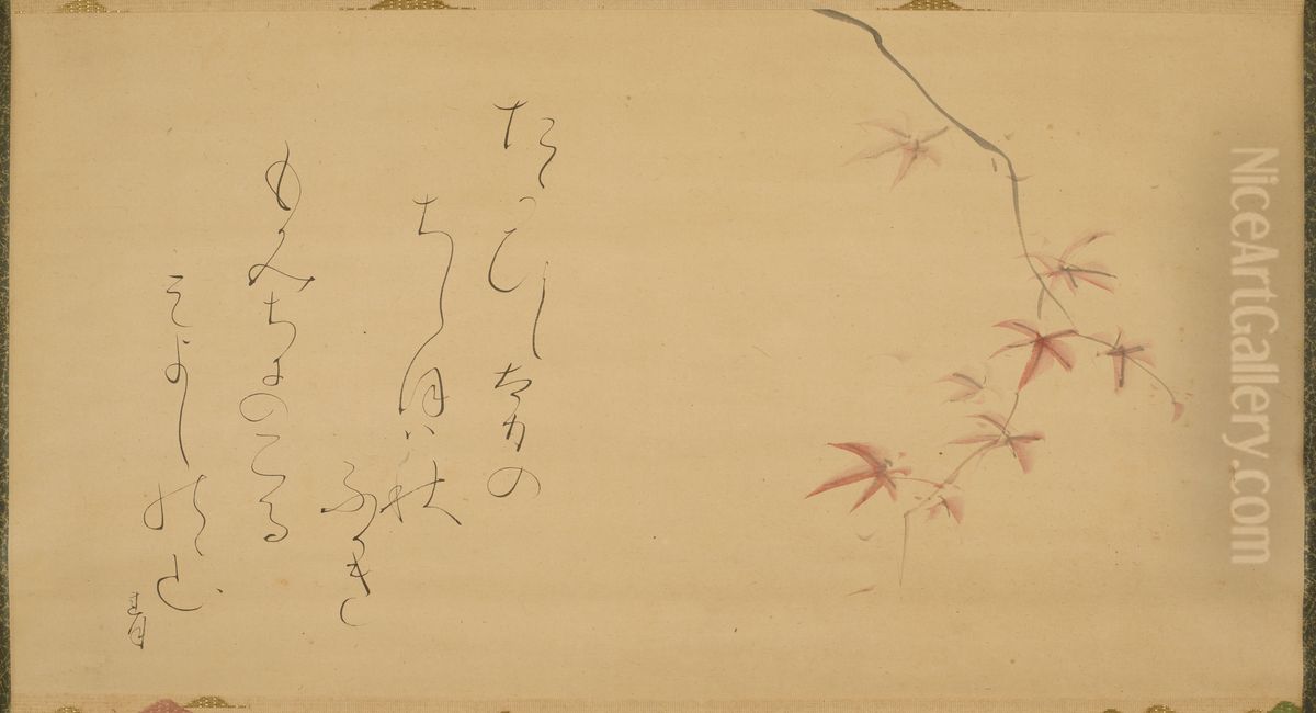 Branch of red maple leaves with poem Oil Painting by Otagaki Rengetsu