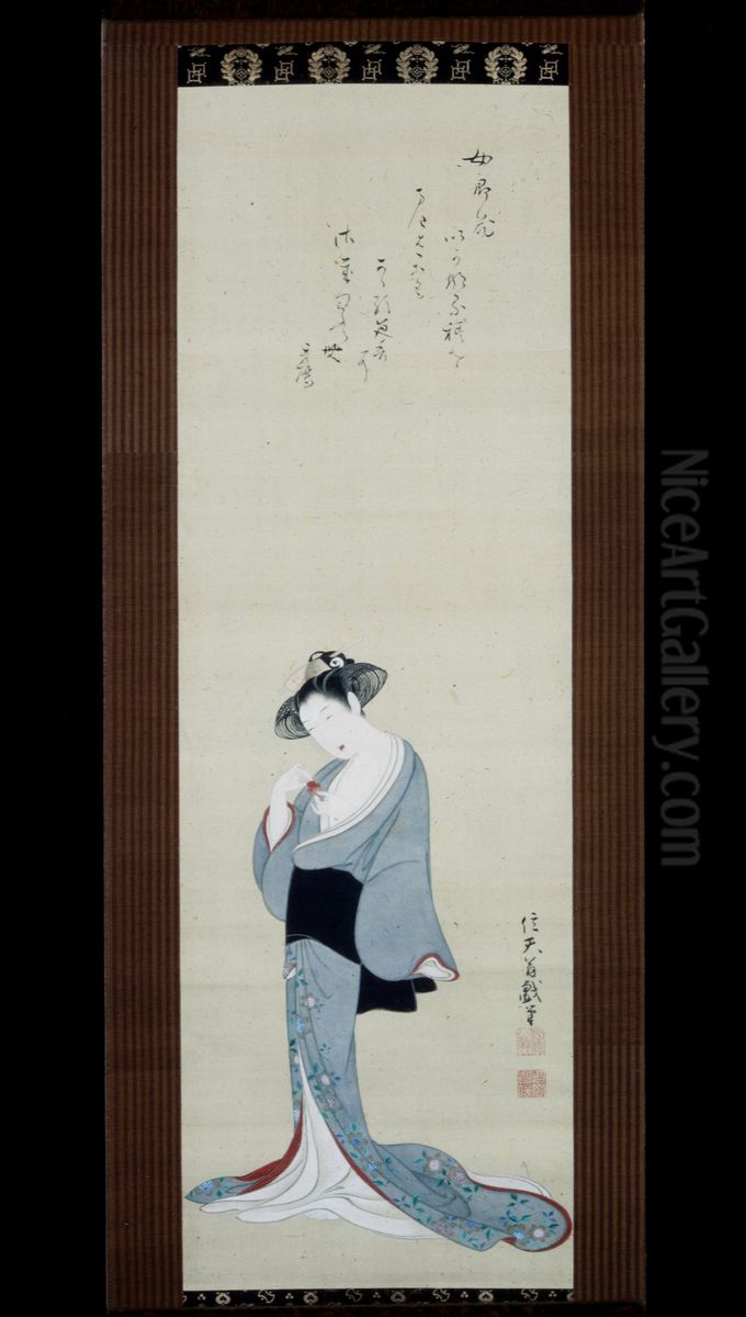 Standing Prostitute Holding Chinese Lantern Fruit Oil Painting by Settei