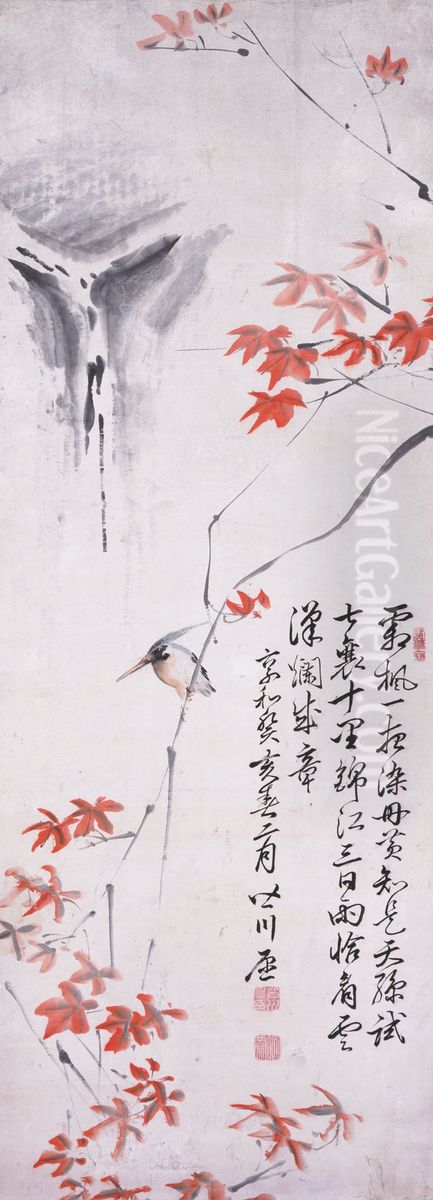 Kingfisher and Maple Leaves Oil Painting by Ki-en