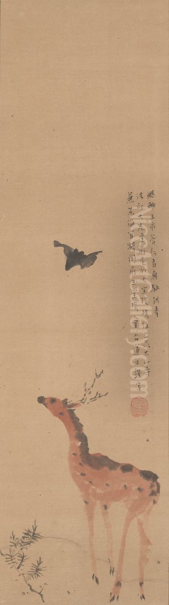 Deer and Bat Oil Painting by Yokoi Kinkoku