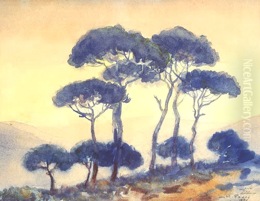 A Group of Pines in Bekfaya. Oil Painting by Moustafa Farroukh