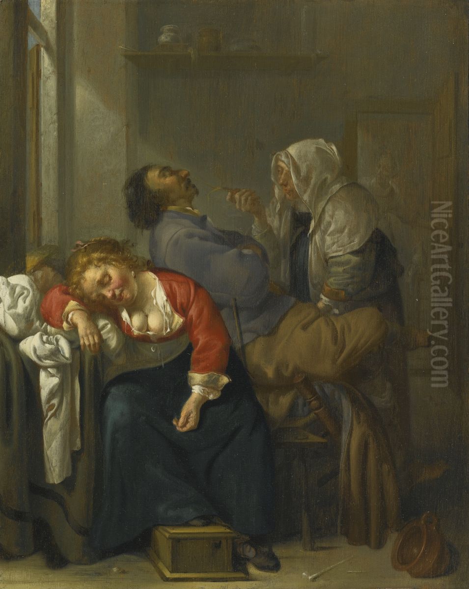 Sleeping couple and a maid servant in an interior Oil Painting by Jacob Duck