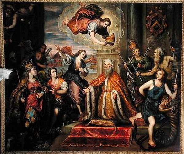 Giovanni Bembo(1543-1618) kneels before a personification of Venice Oil Painting by Domenico Tintoretto