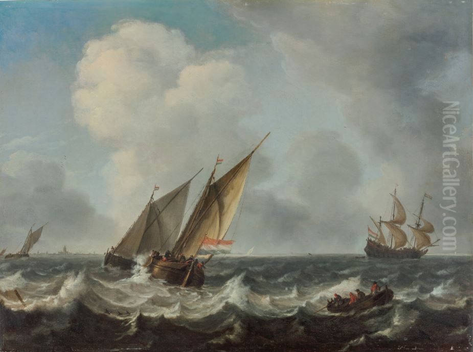 two boats on stormy sea Oil Painting by Arnoldus van Anthonissen