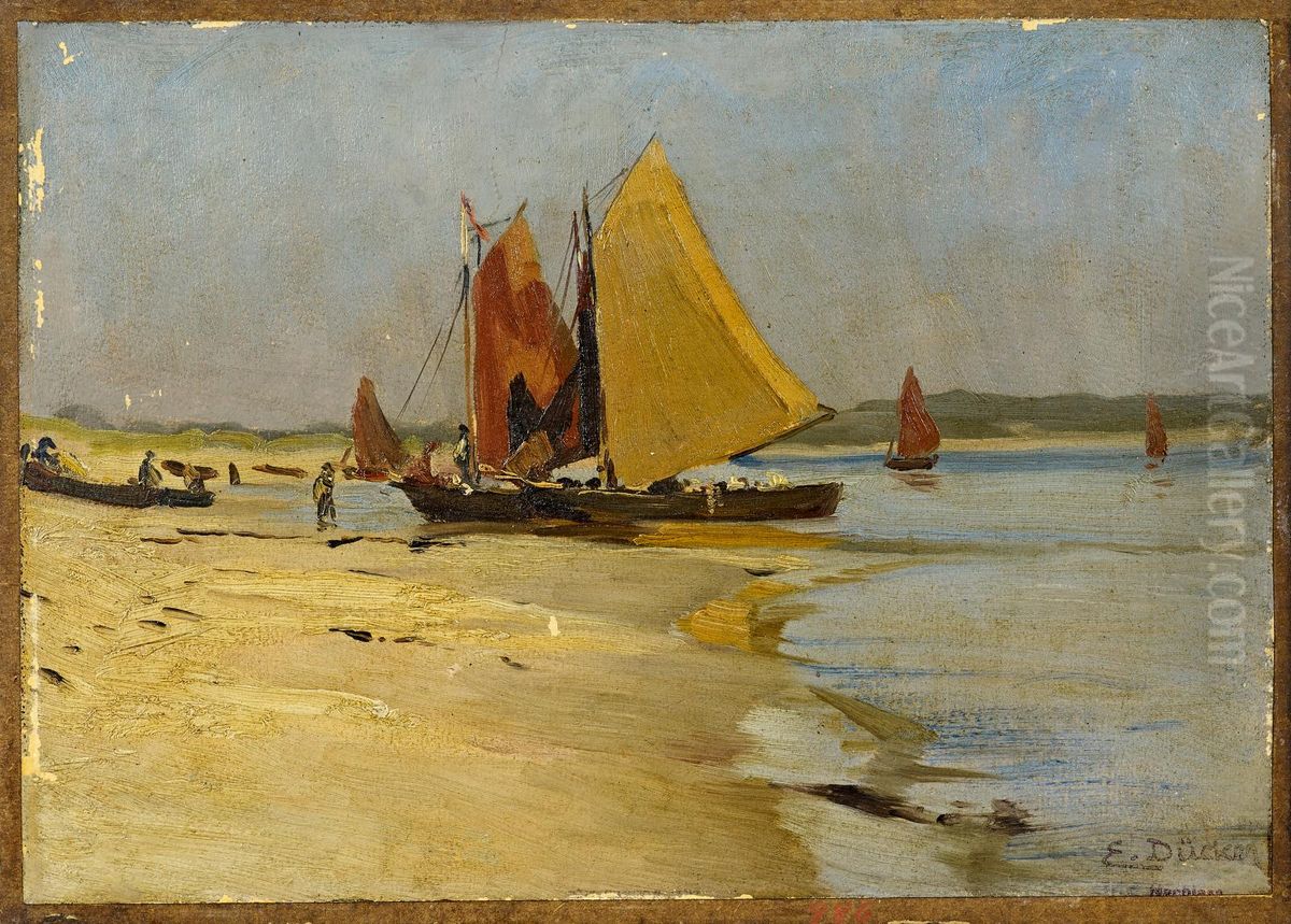 Aufliegende Boote am Strand Oil Painting by Eugen Ducker