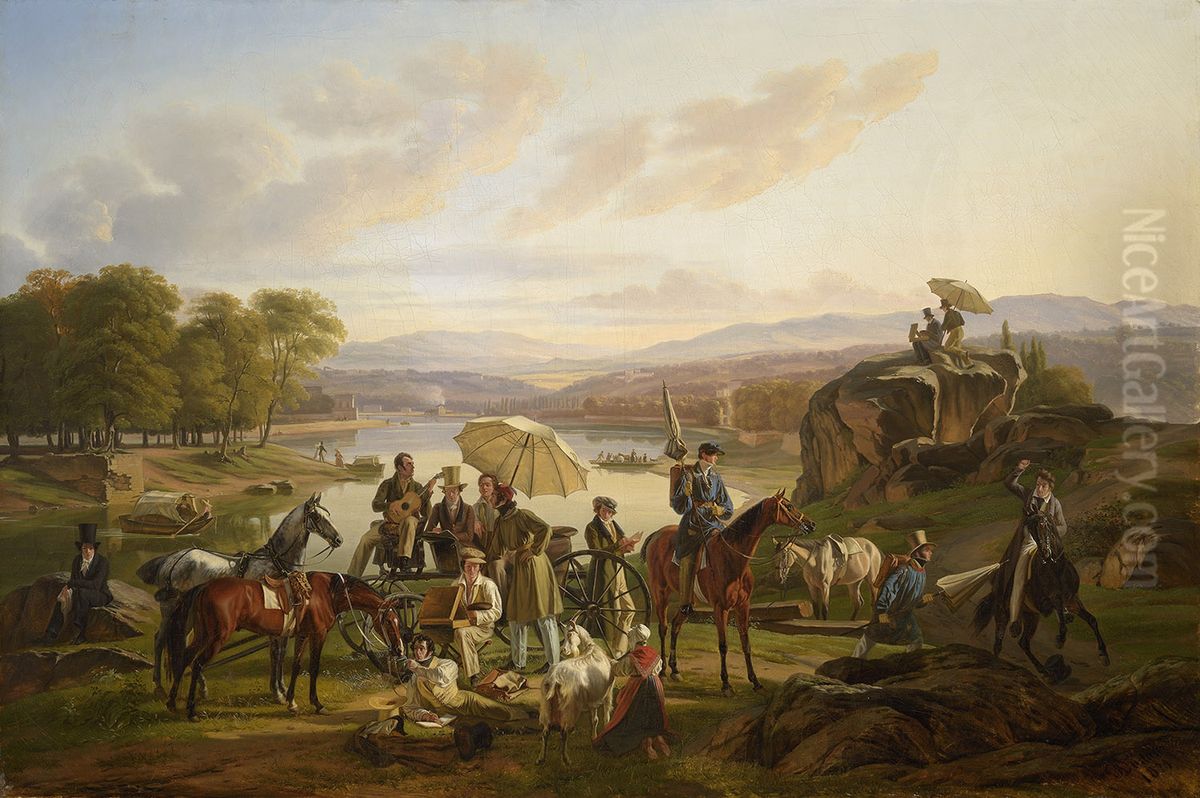 A break in the artist's trip from Lyon to the Ile Barbe Oil Painting by Antoine Duclaux